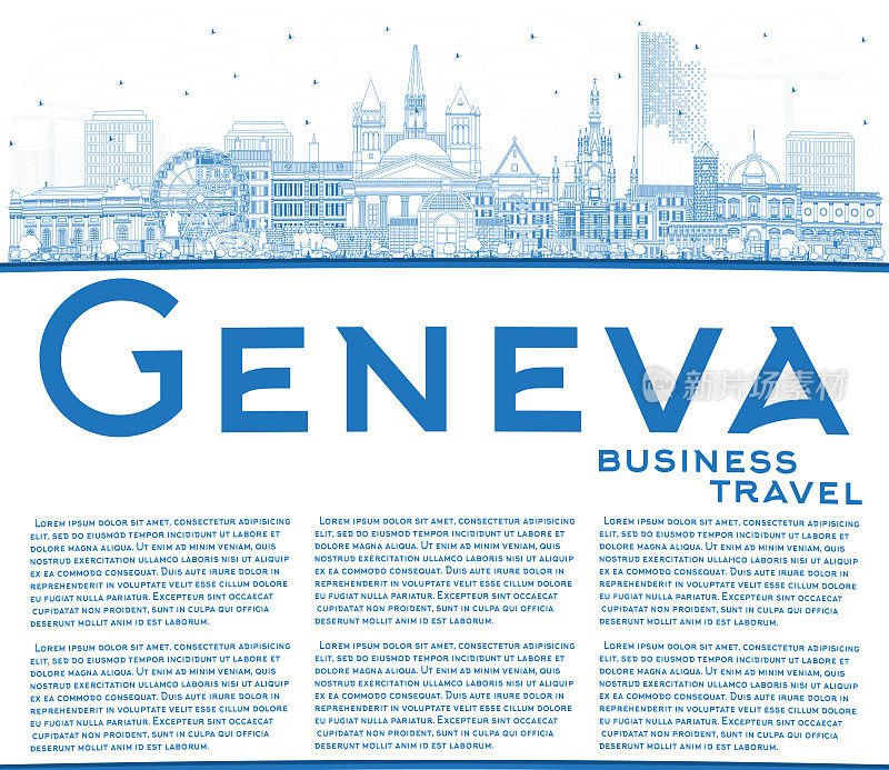 概述日内瓦瑞士城市天际线与蓝色建筑和复制空间。