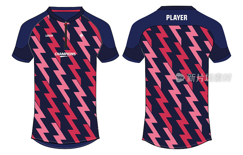 运动polo领t恤jersey设计矢量模板，Chevron抽象打印板球jersey概念与前和后视图为足球，足球，网球和羽毛球制服