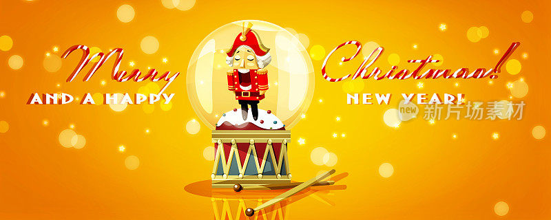 新年快乐，圣诞快乐!卡通圣诞雪花球与胡桃夹子在喜庆的彩色背景。创造性的节日卡片。