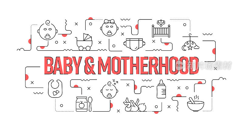婴儿和母亲网横幅线风格。现代设计矢量插图