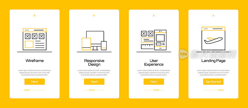 搜索引擎优化概念Onboarding移动应用程序页面屏幕与平面图标。UI设计模板矢量插图