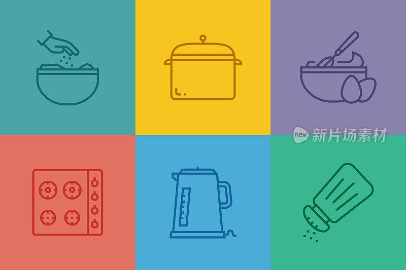 烹饪相关线条图标。向量符号说明。