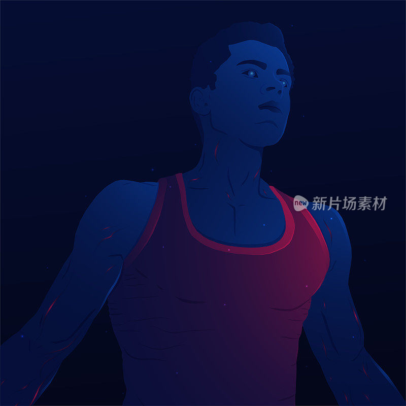 蓝色威严的运动员在黑暗的背景下。穿t恤的帅哥。技术人员矢量插图。运动员的概念。