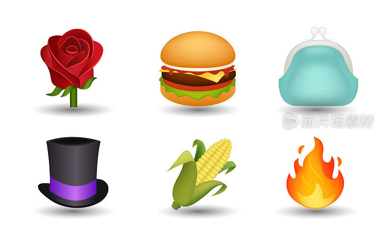 红玫瑰，汉堡包，蓝色女人钱包，魔术帽，玉米植物和火火焰矢量表情符号插图