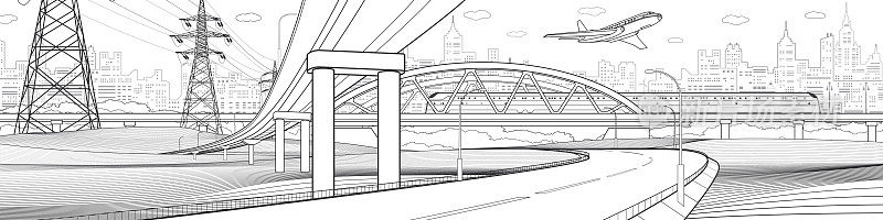 基础设施和运输说明。汽车天桥。火车。飞机飞行。城市的天际线。城市的城市。黑色轮廓在白色背景。矢量设计艺术。