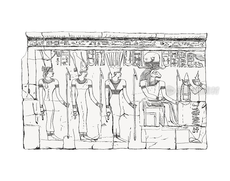 古埃及棺材的浮雕。草图。祈求在墙上
公羊头的埃及神。