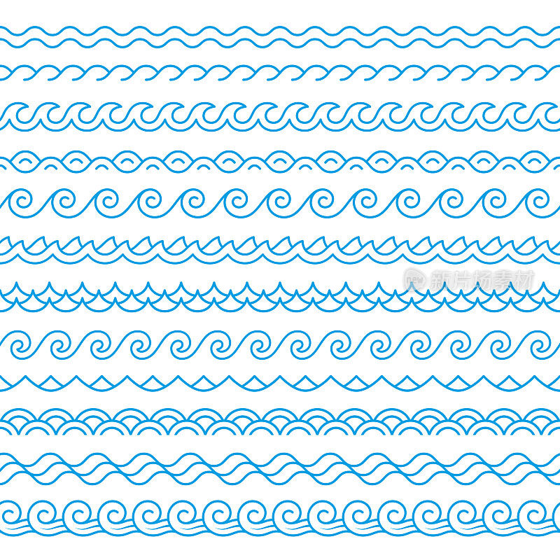 线蓝色波浪边界。海洋或海波纹无缝图案。线性波浪，孤立简单的水装饰符号。整洁的波浪矢量分频器