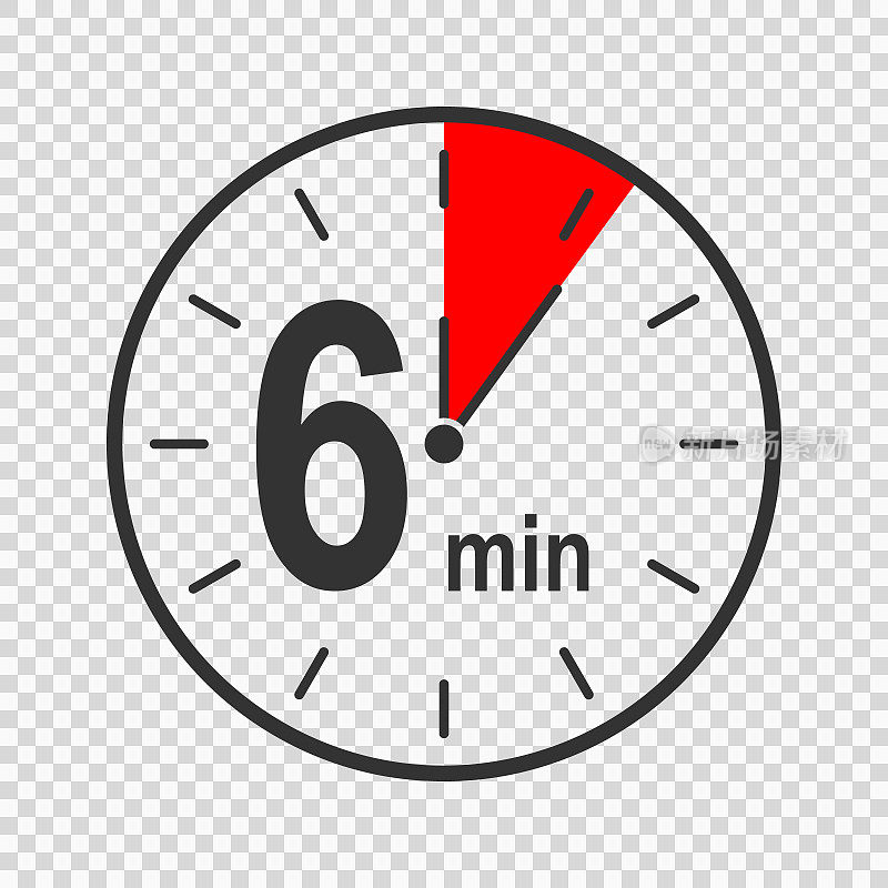 时钟图标与六分钟的时间间隔。倒计时或秒表符号与6分钟文本。用于烹饪或运动游戏的信息图形元素