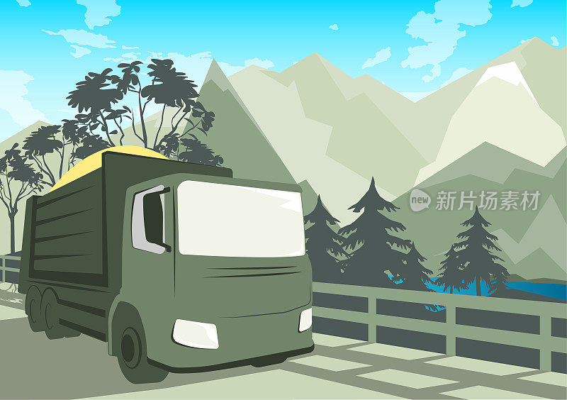 等距重型卡车行驶在山路上。运送重物到难以到达的地区。矢量图
