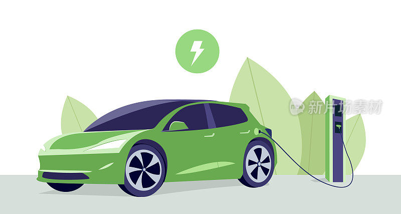 电动汽车在充电站与绿色天际线。电动汽车插电充电。车辆被起诉。可编辑的矢量图