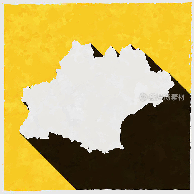 在纹理黄色背景上有长阴影的Occitanie地图