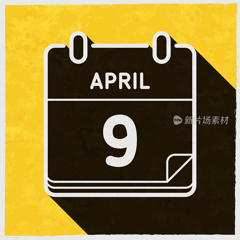 4月9日。图标与长阴影的纹理黄色背景
