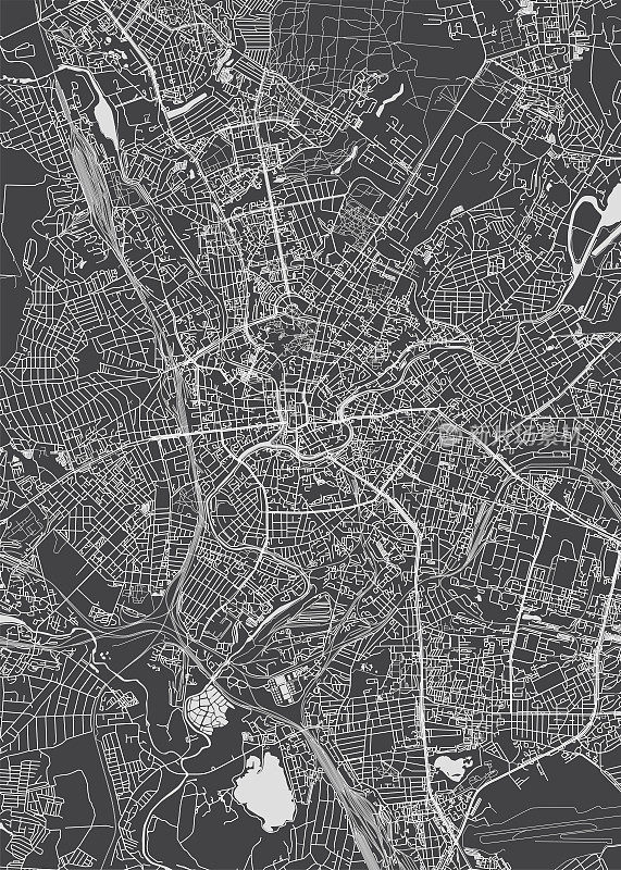 哈尔科夫市地图，单色详细规划，矢量插图
