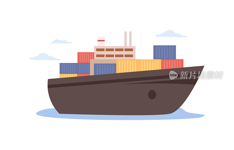 国际物流服务，孤立船舶装载货物和货运。包裹和集装箱的运输和递送。矢量平面卡通风格