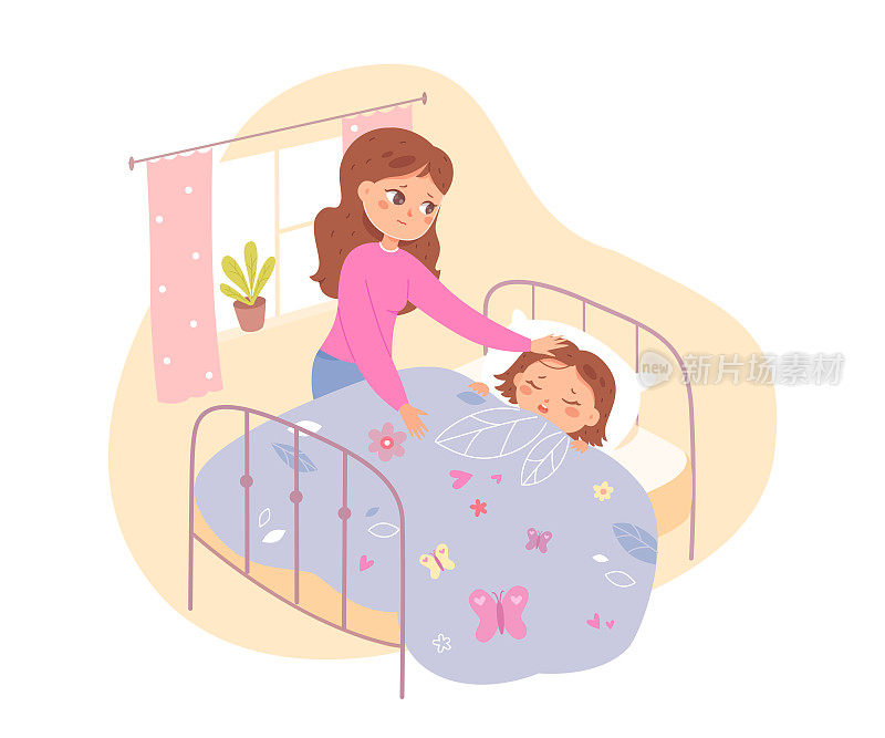 生病的孩子和妈妈照顾，孩子躺在家里的床上，女孩患了流感或感冒