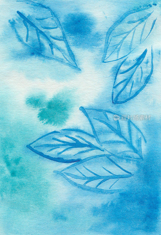 水彩插图手绘抽象背景与蓝色的树枝与树叶。大自然在森林里。清晨的景观抽象。春夏海报设计，室内横幅
