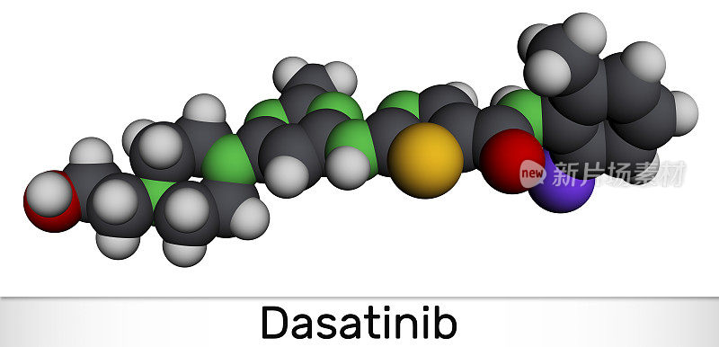 达沙替尼的分子。它被用于治疗骨髓性白血病，CML和急性淋巴细胞白血病，ALL。分子模型。三维渲染
