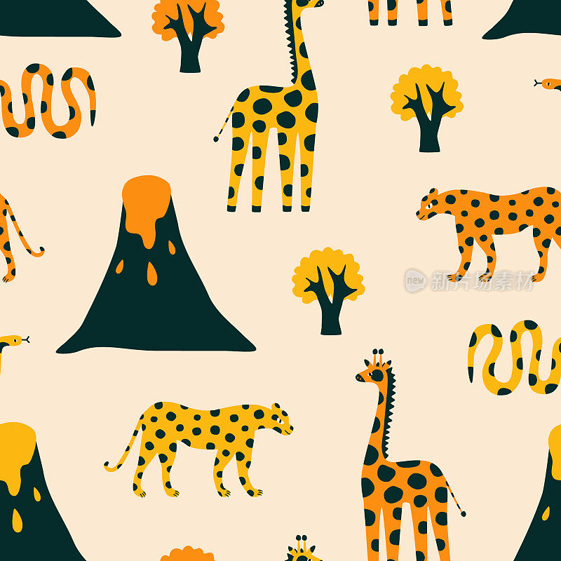 非洲景观与豹，长颈鹿，蛇和火山手绘矢量插图。彩色狩猎动物无缝图案的孩子织物或墙纸。