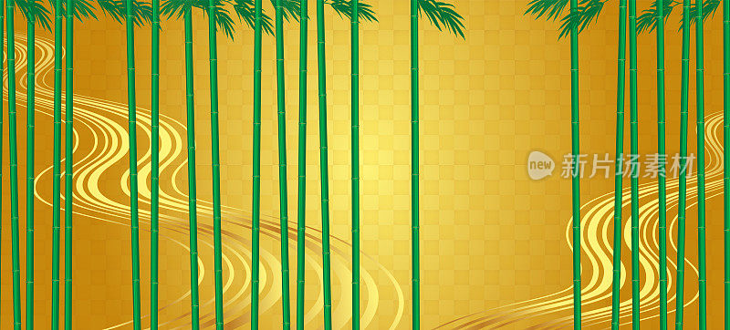 日本风格的插图，流水和竹林在金箔背景
