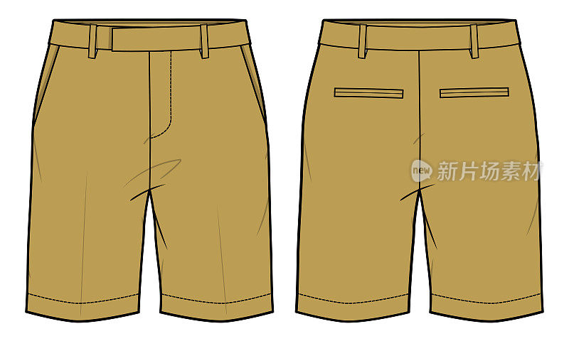 Chino服装西装短裤设计平面素描矢量插图，正式的短裤概念与前面和后面的观点，印刷步行百慕大短裤设计插图
