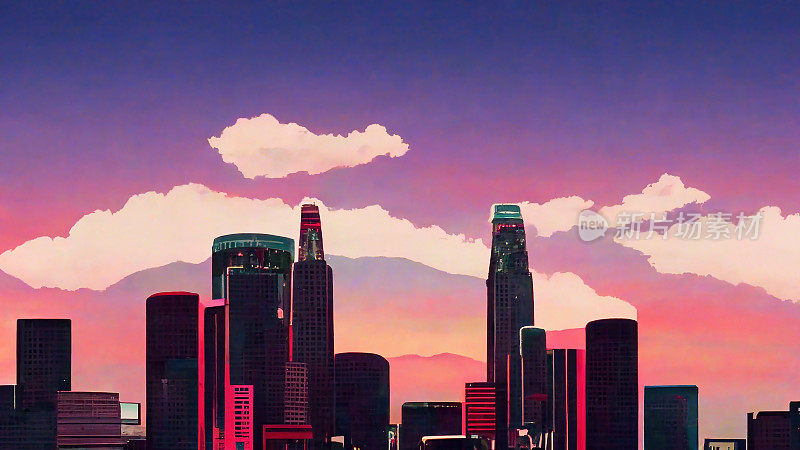 洛杉矶动漫的天际线，黄昏的云覆盖着城市