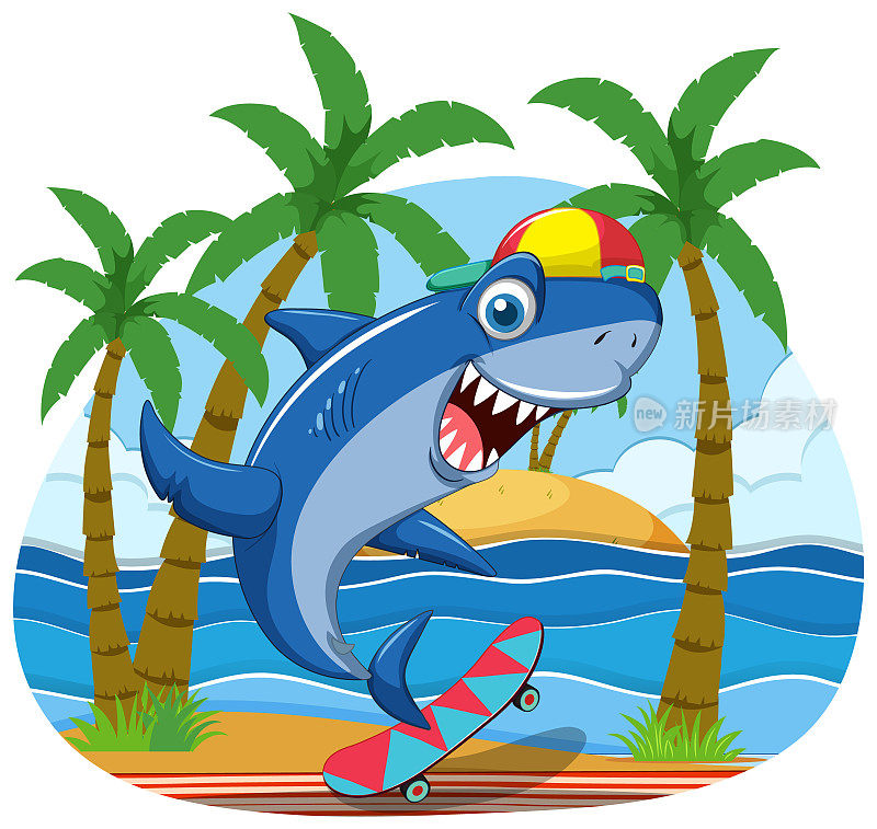 可爱的鲨鱼在沙滩上玩滑板