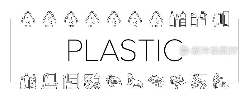 塑料废物自然环境图标设置向量