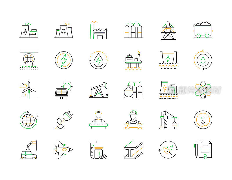 重型和电力工业相关的矢量线图标。大纲符号集合