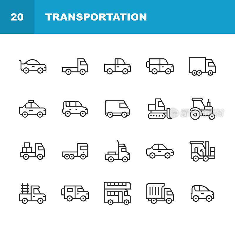 交通线图标。可编辑的中风。像素完美。移动和网络。包含这样的图标，如飞机，汽车，自行车，船，公共汽车，汽车，邮轮，货运，物流，赛车，火箭，船，出租车，拖拉机，火车，运输，旅行，卡车，货车，车辆。