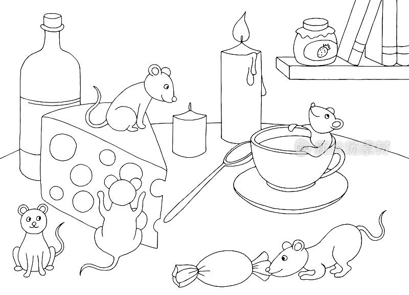 有趣的鼠标玩表图形黑白素描插图矢量
