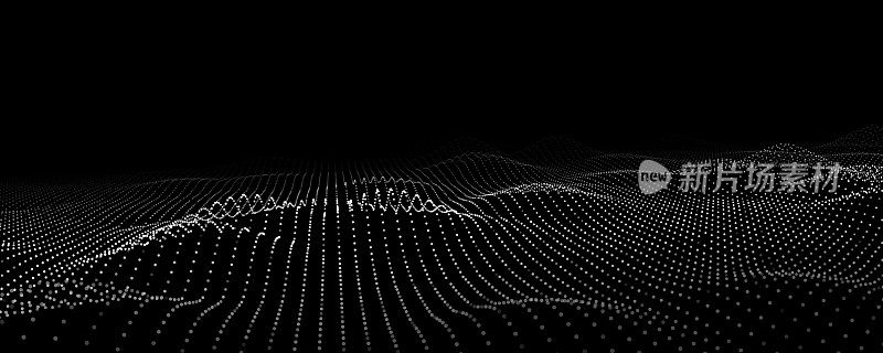未来的数字浪潮。黑暗的网络空间。带点的矢量抽象波。背景上的白色移动粒子。