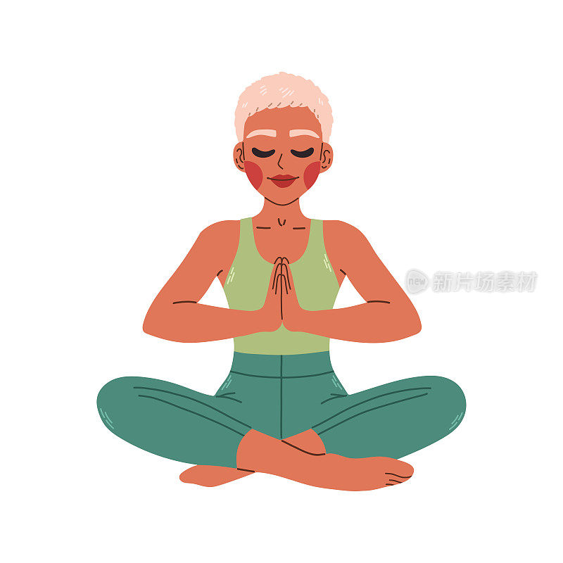年轻的黑人妇女坐在瑜伽莲花的姿势。冥想女孩插图。瑜伽女，冥想，抗压力