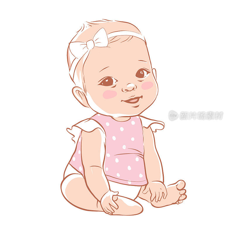 可爱的女婴坐着微笑。3-12个月的活跃婴儿穿着婴儿服。一岁婴儿的发育。白种人儿童。矢量插图在柔和的颜色。