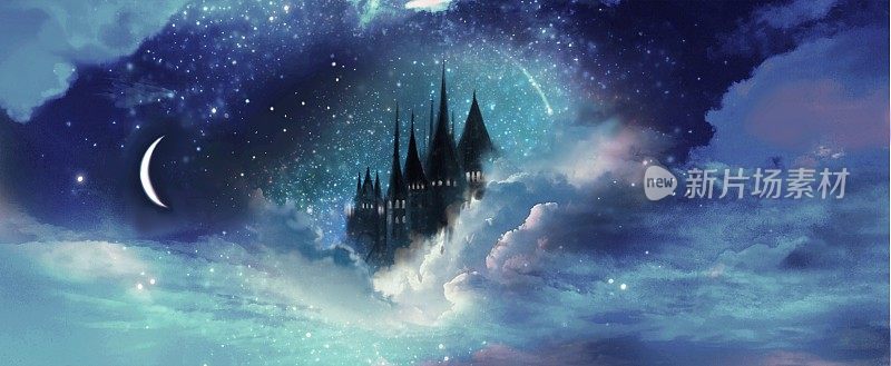 宽尺寸插图中世纪欧洲城堡在云海与星星和新月在夜空中闪耀。