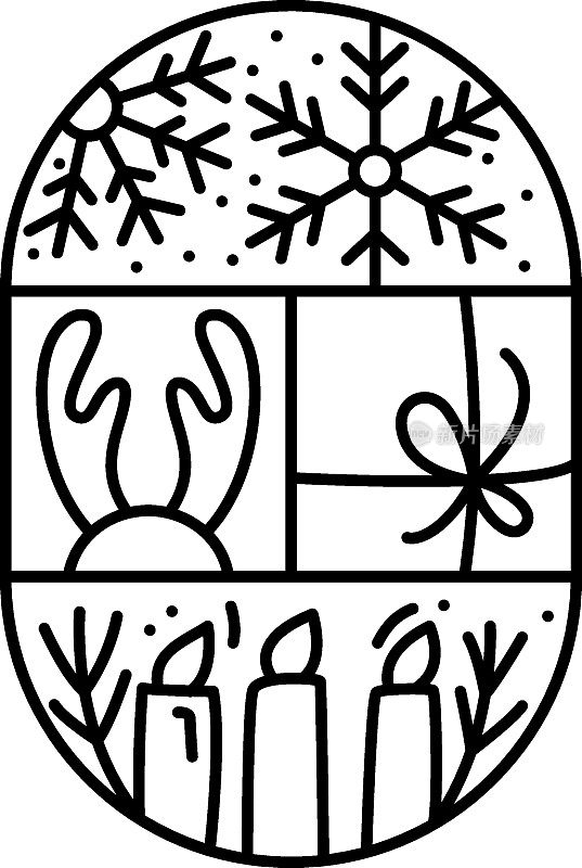 圣诞标志降临组成雪花、礼盒和蜡烛。手绘冬季矢量构造器在两个半圆框架和矩形贺卡