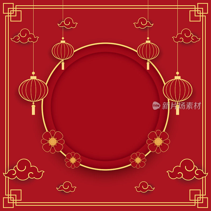 2022年春节快乐。中国新年旗帜与圈显示产品。贺卡。中国框架，红色背景灯笼。