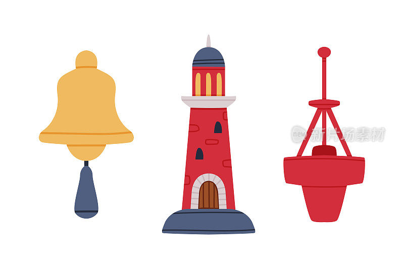 航海物品设置。经典的海洋钟与绳索，灯塔和海洋浮标卡通矢量插图