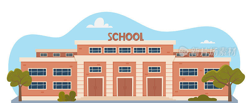 现代学校建筑外观。欢迎回到学校。教育建筑，带有大窗户的高中建筑立面。设计传单，横幅，卡片。矢量插图。
