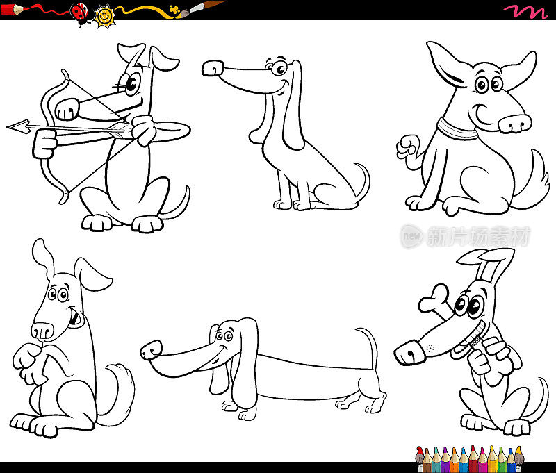 卡通狗动物人物设置着色页