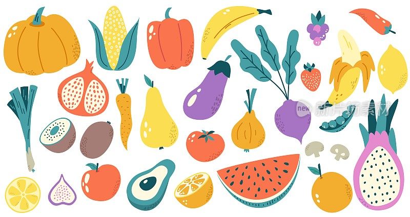 手绘水果和蔬菜。五颜六色的保健隔离蔬菜，水果芒果杏和西瓜。涂鸦有机产品紧贴矢量剪贴画
