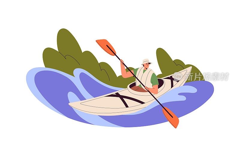 用桨划船的人，划皮划艇的人。人们划着独木舟，在暑假的河水中漂流。单人皮划艇手坐在划艇上。平面矢量插图孤立在白色背景上