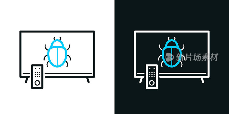 电视有窃听器。黑色或白色背景上的双色线图标-可编辑的笔画