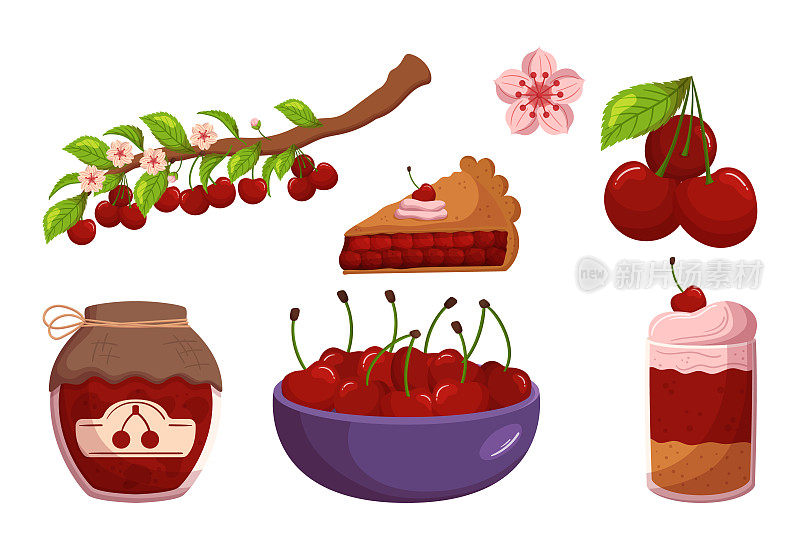 一套樱桃浆果食品提供了一系列美味的新鲜和熟水果，包括果酱，甜甜点，或蛋糕