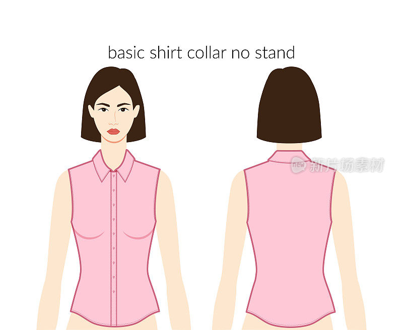 基本的衬衫衣领没有立领领口襟衣服性格美丽的女士在粉红色的上衣，服装技术时尚插图与合身的身体。平板服装模板。女人，男人男女皆宜的CAD模型