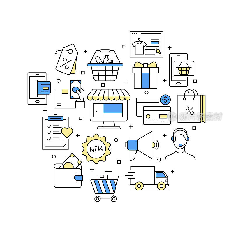 网上购物相关的矢量横幅设计概念，现代线条风格与图标