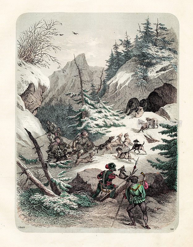 狩猎黑熊彩色写生1860年
