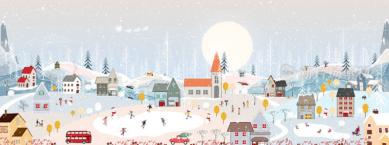 冬天的仙境景观背景，晚上人们在城市里欢度新年，圣诞节在村庄里庆祝，孩子们在滑冰，青少年在山上滑雪