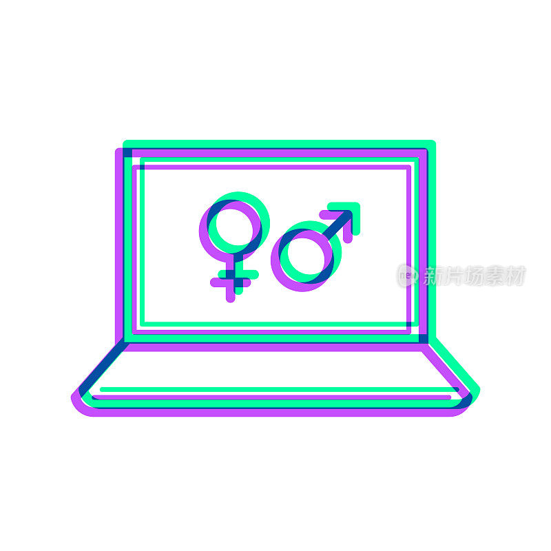 带有性别符号的笔记本电脑。图标与两种颜色叠加在白色背景上