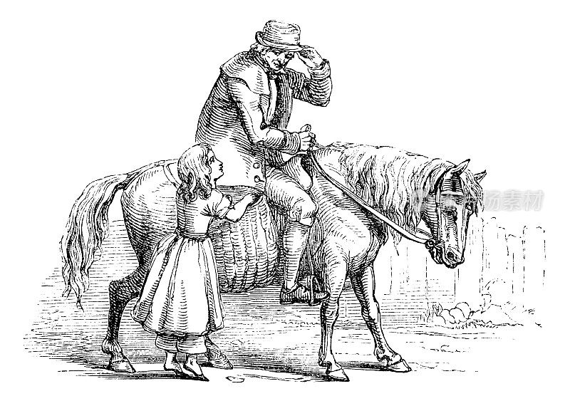 年轻女孩向马背上的男子致意――19世纪