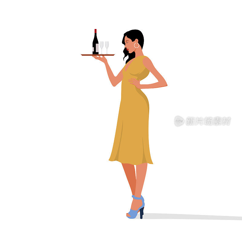 优雅性感的女士端着红酒和酒杯。详细的矢量插图的年轻女士。